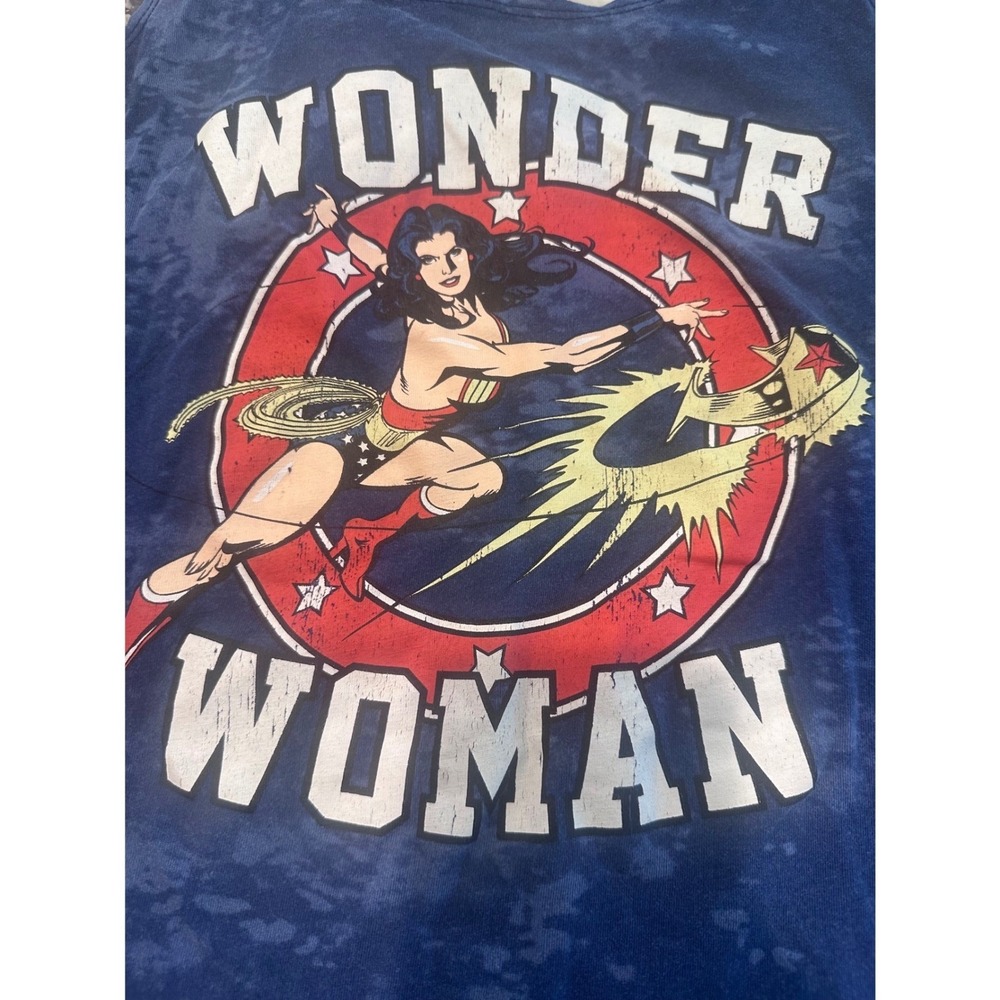 DC Comics Wonder Woman Graphic Tank Top Blue Acid Wash Ladder Back Womens L - Picture 5 of 8
